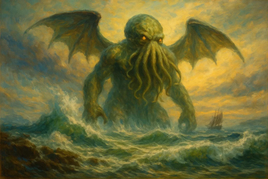 H. P. Lovecraft debout devant la ville de Providence dans les années 1920, style peinture à l’huile
