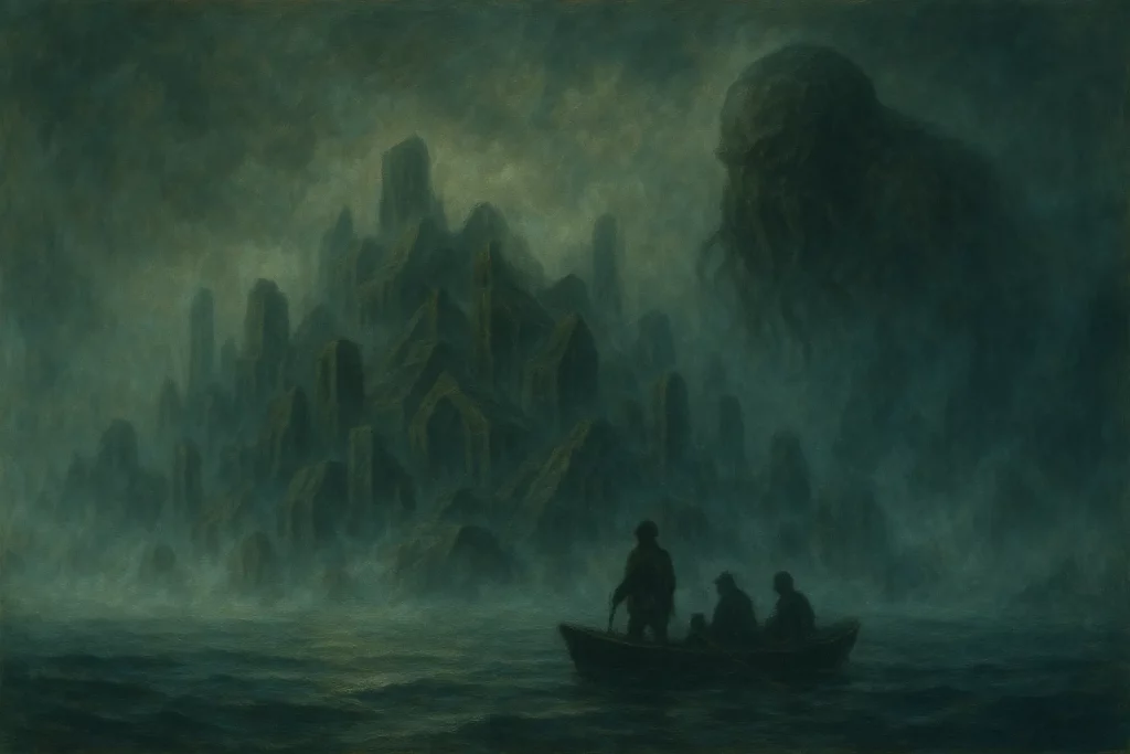 Trois hommes en barque approchant des ruines de R’lyeh enveloppées de brume, avec l’ombre de Cthulhu au-dessus
