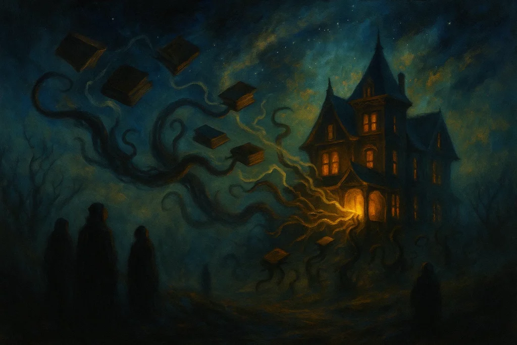 Maison victorienne lumineuse diffusant des livres dans une brume surnaturelle, observée par des silhouettes dans l’ombre