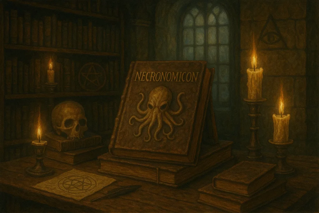 Couverture du Necronomicon sur fond de bibliothèque mystérieuse éclairée à la bougie