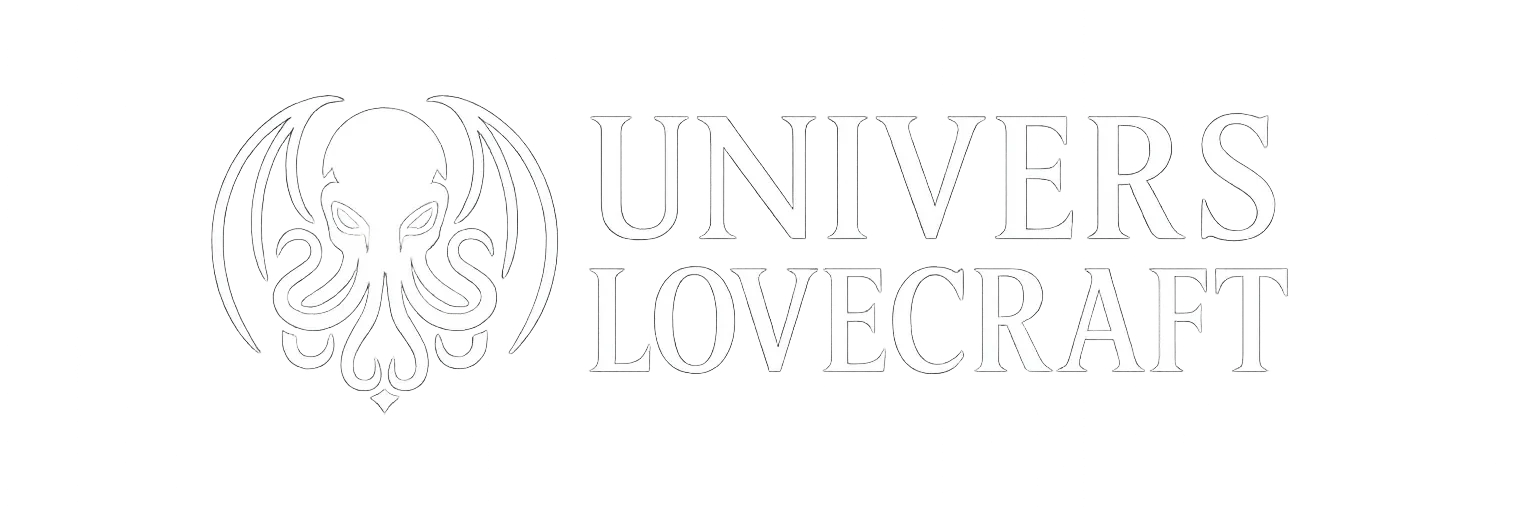 Logo Univers Lovecraft en blanc avec silhouette de Cthulhu, style horizontal sur fond transparent