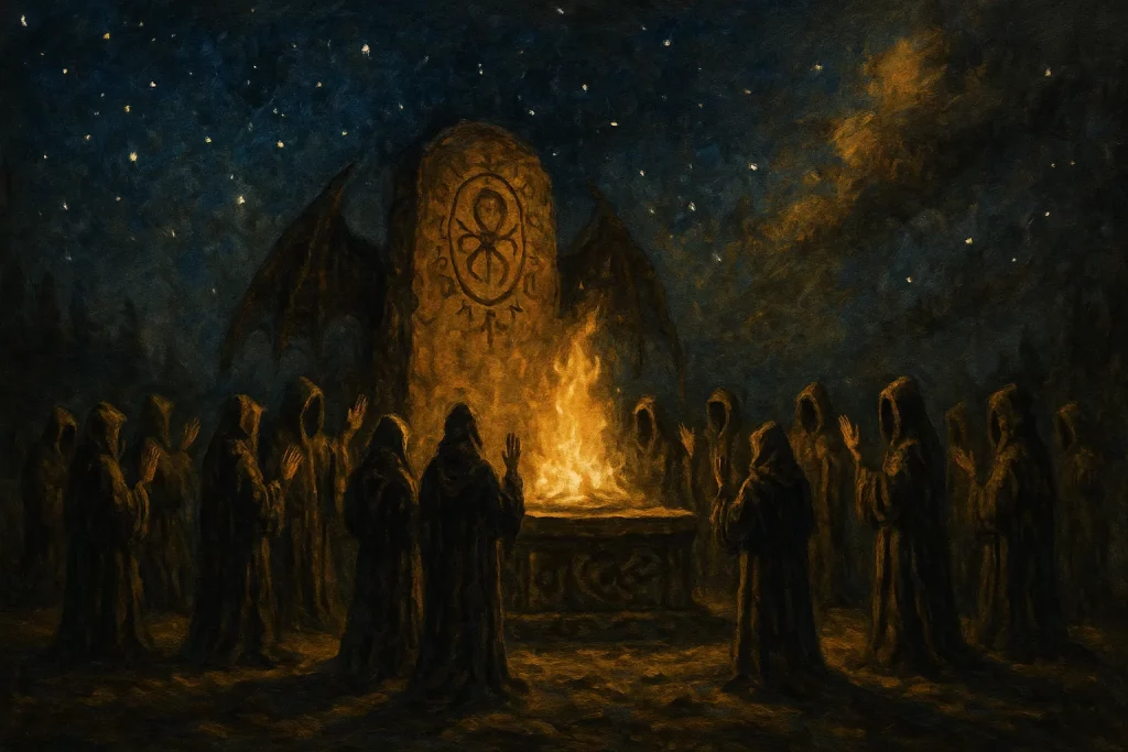 Cercle de cultistes en toges autour d’un autel enflammé, effectuant un rituel pour réveiller Cthulhu sous un ciel étoilé