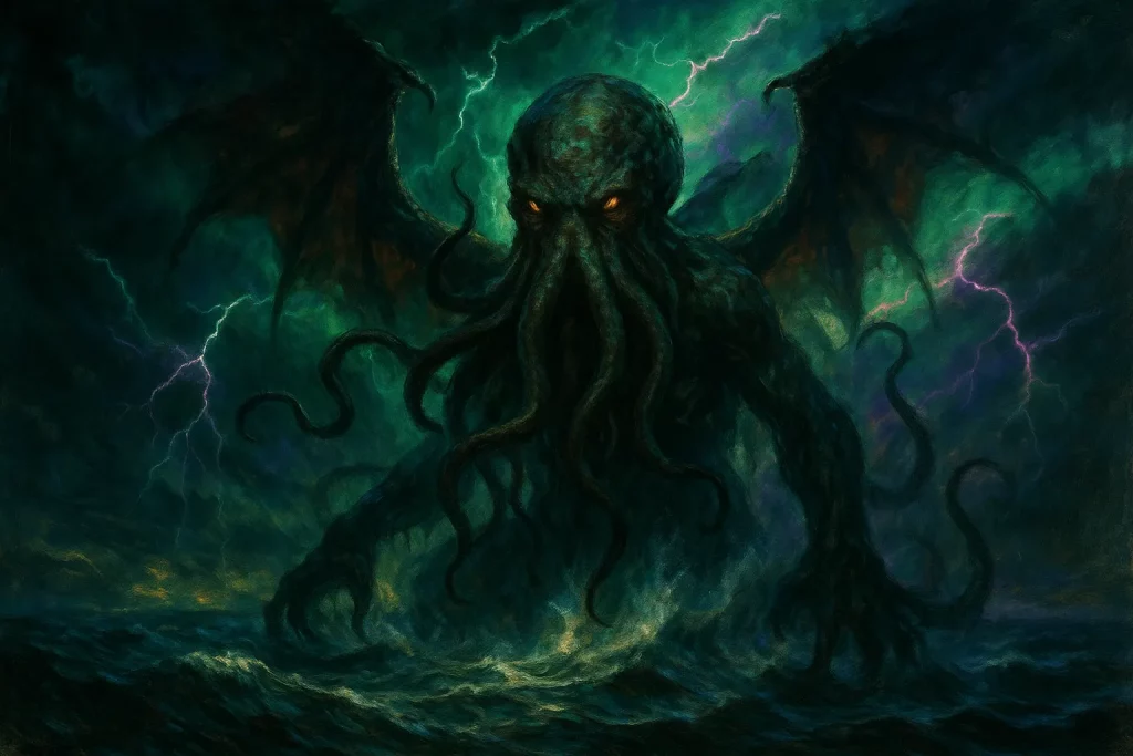 Illustration de Cthulhu, le dieu ancien surgissant des eaux avec des tentacules et des ailes dans une ambiance orageuse