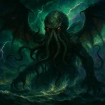 Illustration de Cthulhu, le dieu ancien surgissant des eaux avec des tentacules et des ailes dans une ambiance orageuse