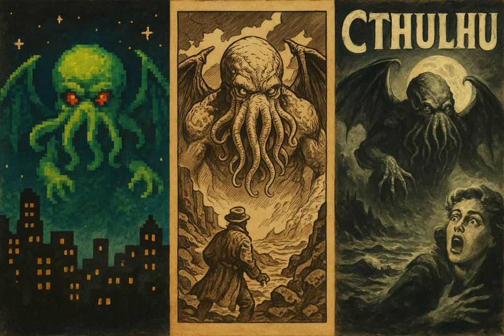 Triptyque montrant Cthulhu en pixel art, une illustration sépia et une affiche d’horreur vintage