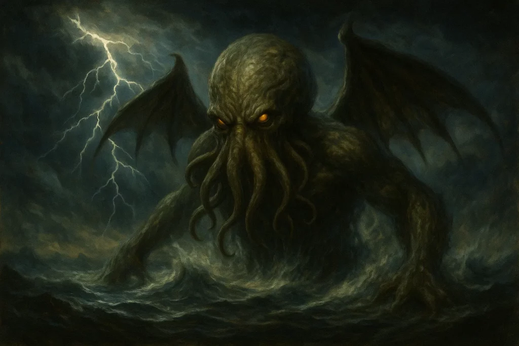 Illustration de Cthulhu sortant de l'eau lors d'une tempête violente, avec des éclairs frappant autour de cette créature mythologique iconique du Mythe de Cthulhu de H.P. Lovecraft.