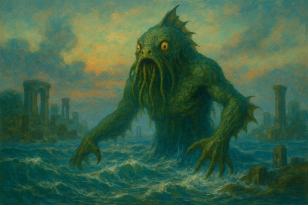 Représentation artistique de Dagon, créature marine issue des récits de Lovecraft, surgissant des ruines antiques dans une mer agitée