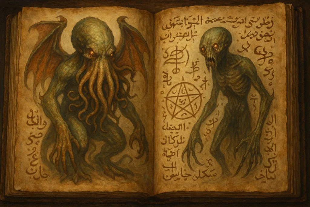 Page ouverte d’un grimoire ancien illustrant des créatures lovecraftiennes tentaculaires et squelettiques avec inscriptions ésotériques