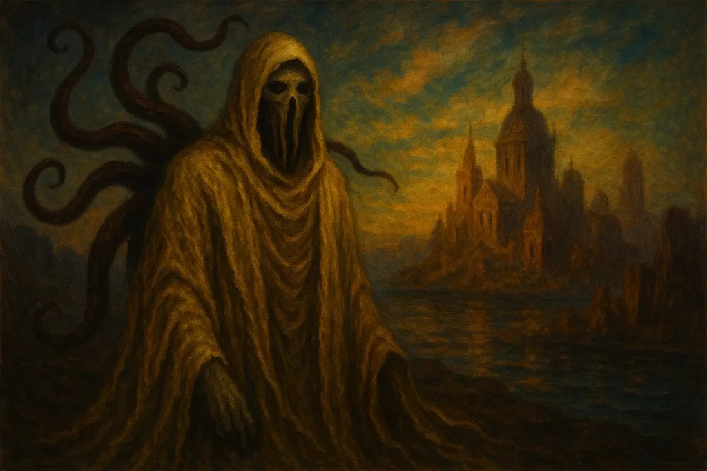 Peinture de Hastur, l’Indicible Roi en Jaune, entité lovecraftienne tentaculaire se détachant devant un paysage crépusculaire