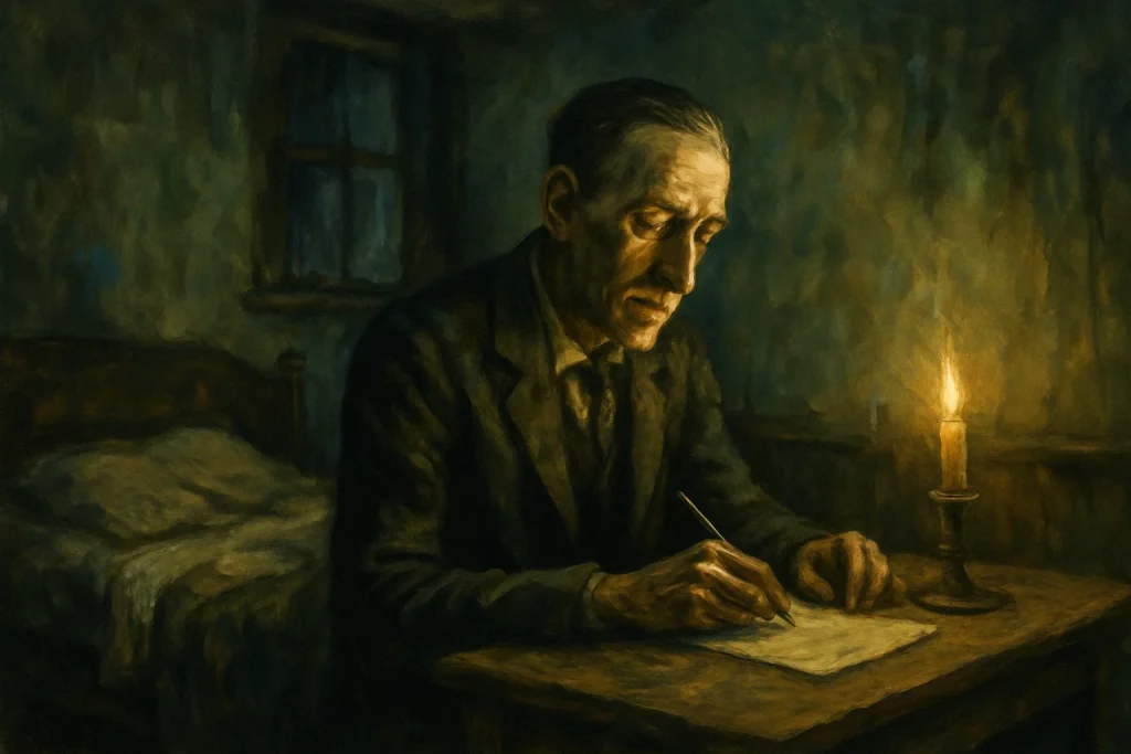 H. P. Lovecraft âgé écrivant à la lueur d’une bougie dans une chambre sombre et délabrée