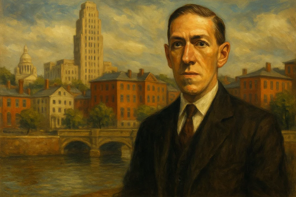 H. P. Lovecraft debout devant la ville de Providence dans les années 1920, style peinture à l’huile