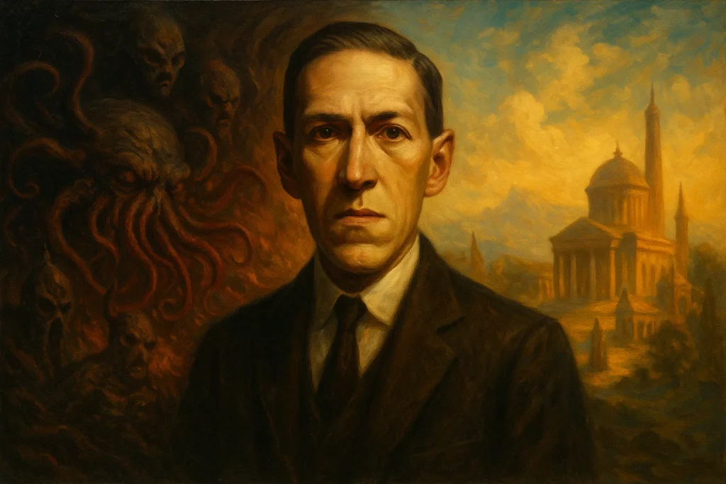 Portrait de Lovecraft entre ténèbres et lumière, avec monstres tentaculaires d’un côté et cité radieuse de l’autre