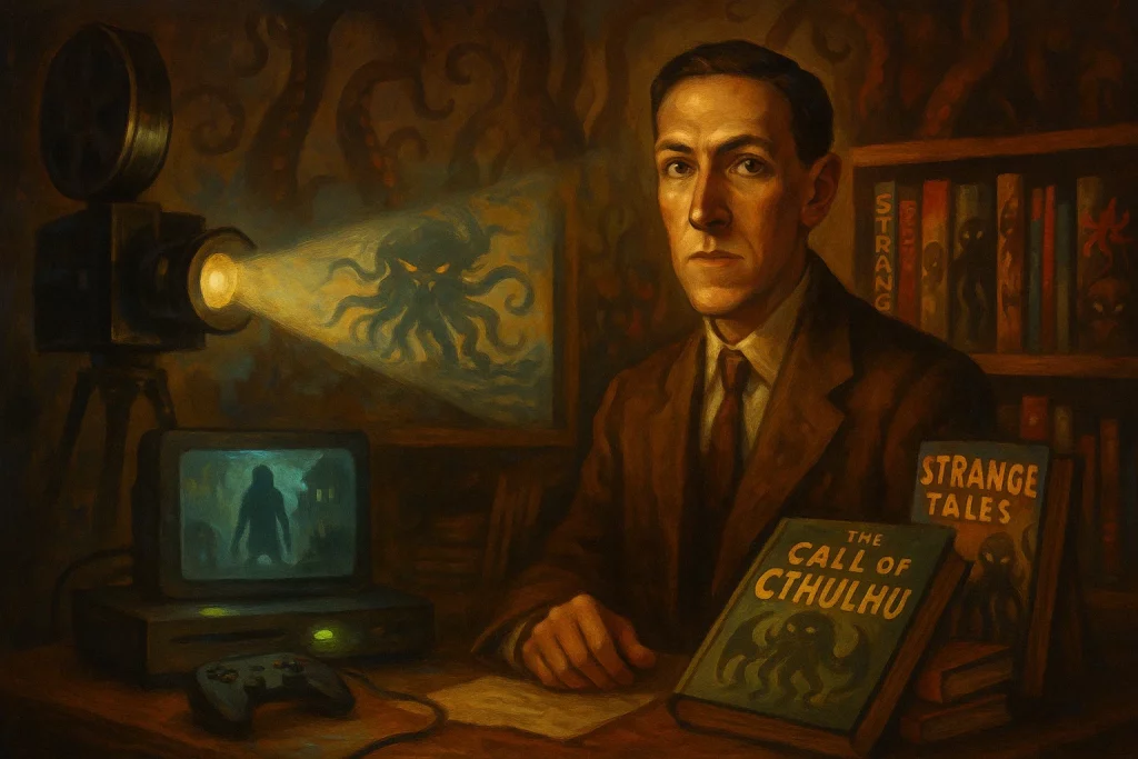 H. P. Lovecraft entouré d’éléments de la culture pop moderne inspirée de son œuvre, comme un projecteur, une console de jeux et des livres