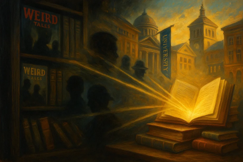 Livre lumineux reliant les ombres d’une bibliothèque pulp à une université classique, style peinture à l’huile