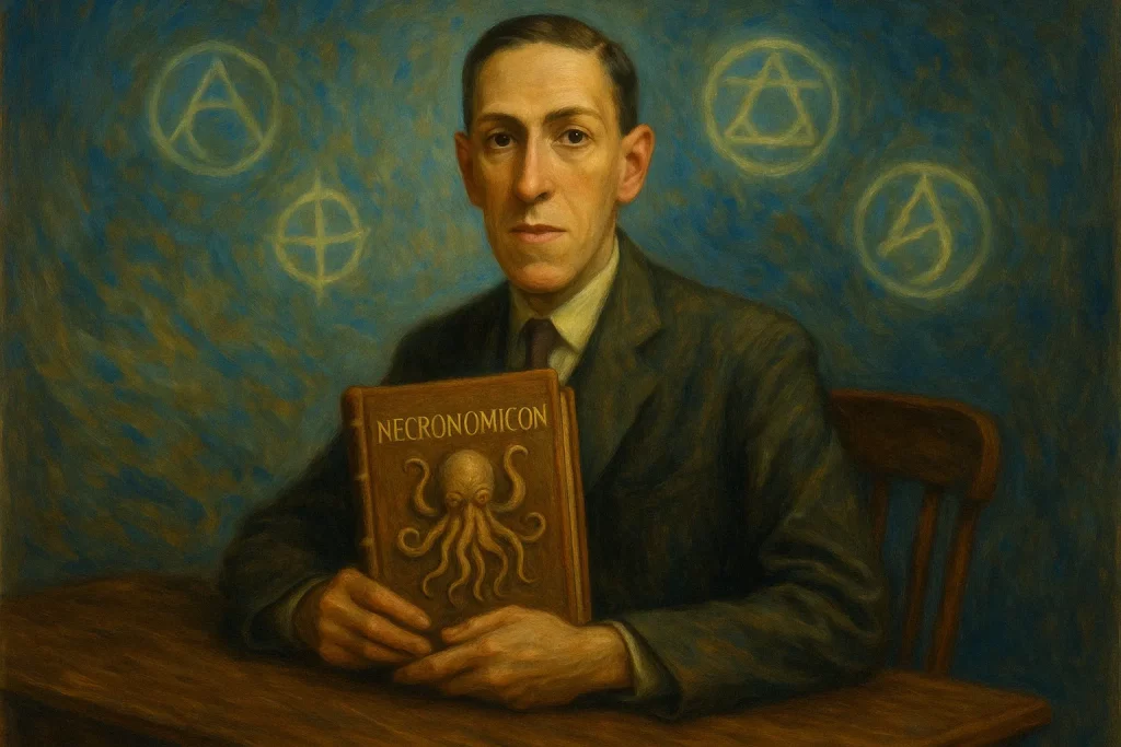 Portrait de H.P. Lovecraft tenant le Necronomicon dans un style peinture à l’huile