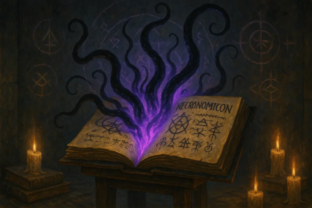 Grimoire ancien ouvert laissant échapper des tentacules violettes lumineuses dans une bibliothèque obscure