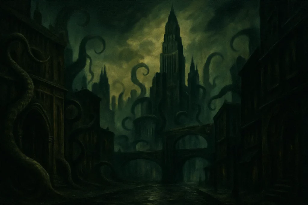 Vue sombre et fantastique de New York avec des tentacules géants, style peinture à l’huile