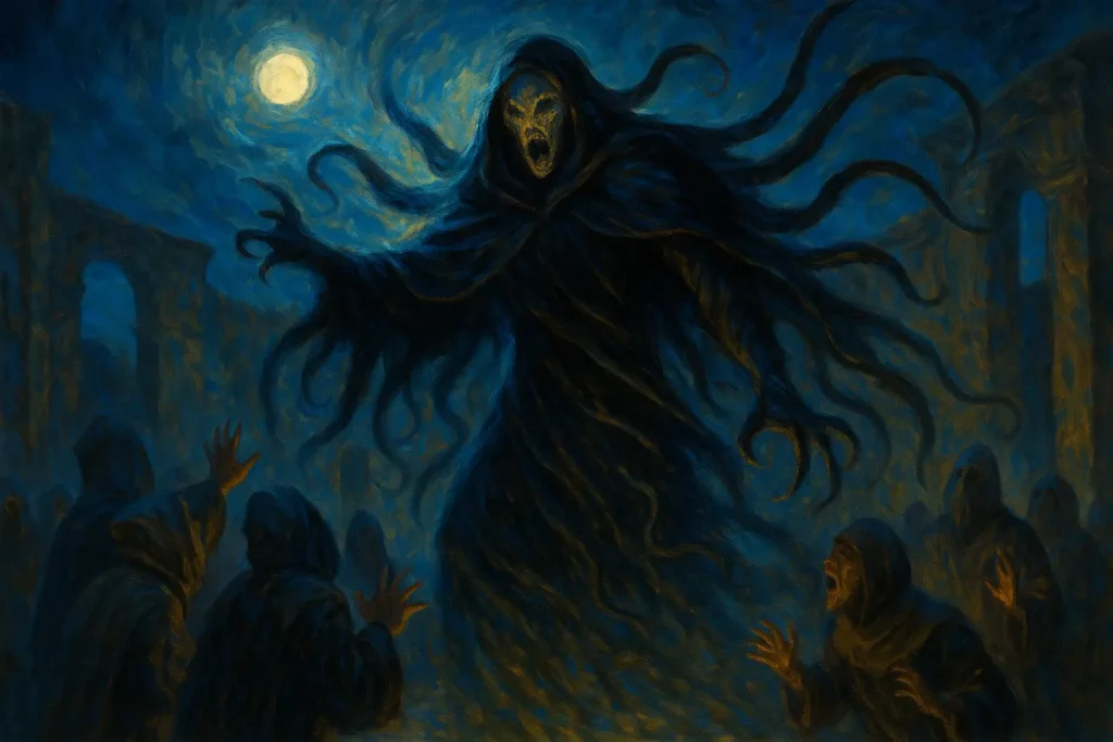 Peinture de Nyarlathotep, le Chaos Rampant, dominant un cercle de cultistes sous un ciel lunaire