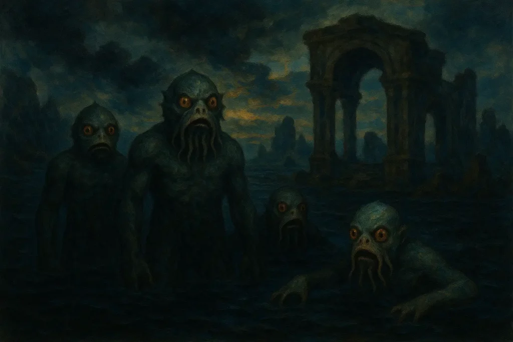 Peinture des Profonds, créatures aquatiques du Mythe de Cthulhu, surgissant des eaux devant des ruines antiques
