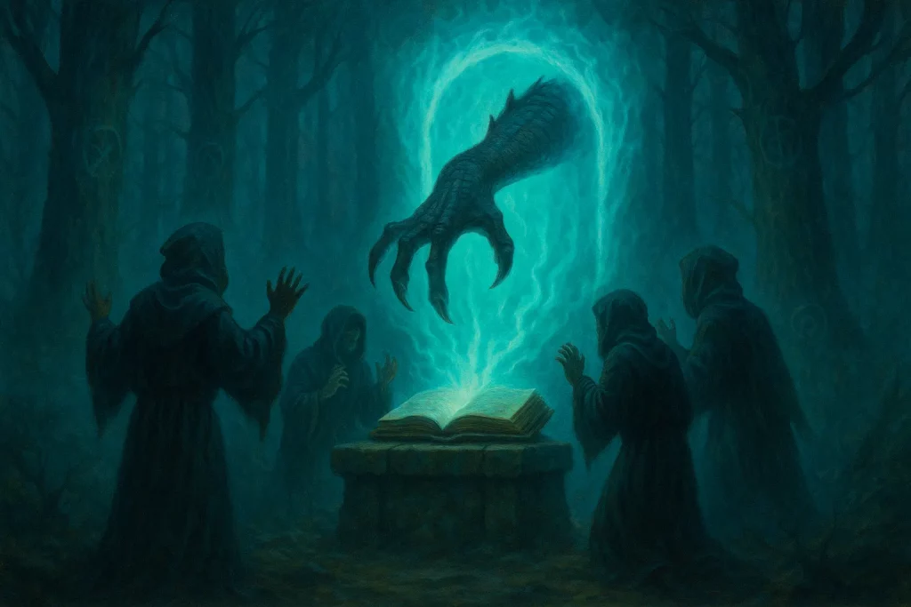 Moines encapuchonnés pratiquant un rituel nocturne autour d’un grimoire lumineux dans une forêt brumeuse