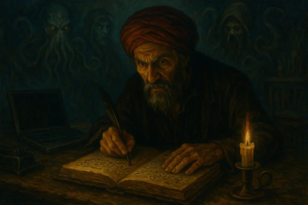 Scribe ancien écrivant dans un grimoire à la lueur d’une bougie, ombres tentaculaires projetées sur le mur