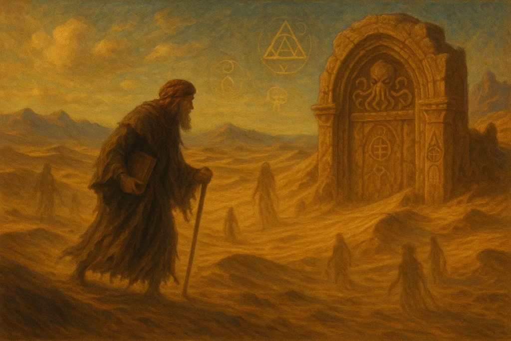 Voyageur encapuchonné explorant des ruines mystiques désertiques ornées de symboles tentaculaires