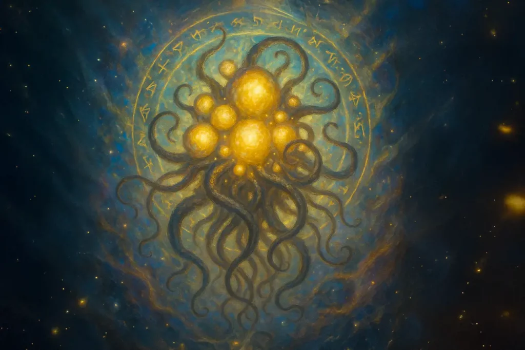 Illustration de Yog-Sothoth, entité cosmique tentaculaire du Mythe de Cthulhu, entourée de runes et flottant dans l’espace