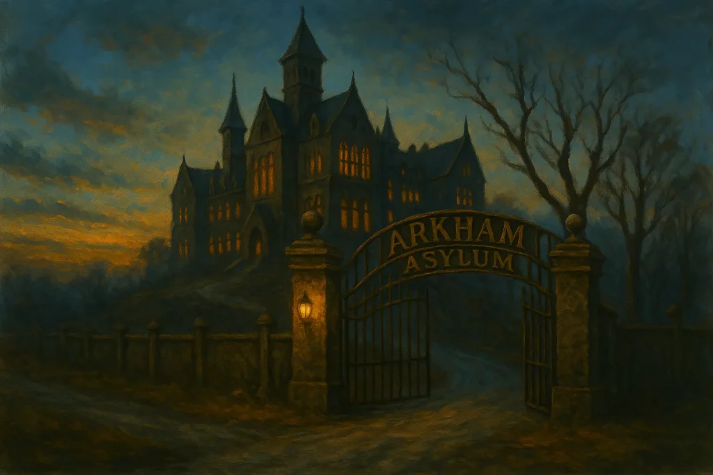 Portail grillagé et bâtiment gothique de l’asile d’Arkham sous un ciel orageux