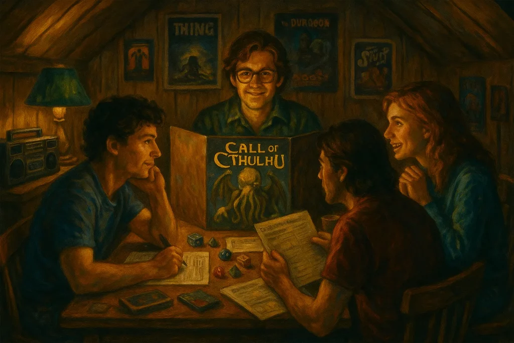 Groupe de joueurs autour d’une table jouant à Call of Cthulhu dans un grenier éclairé à la lampe