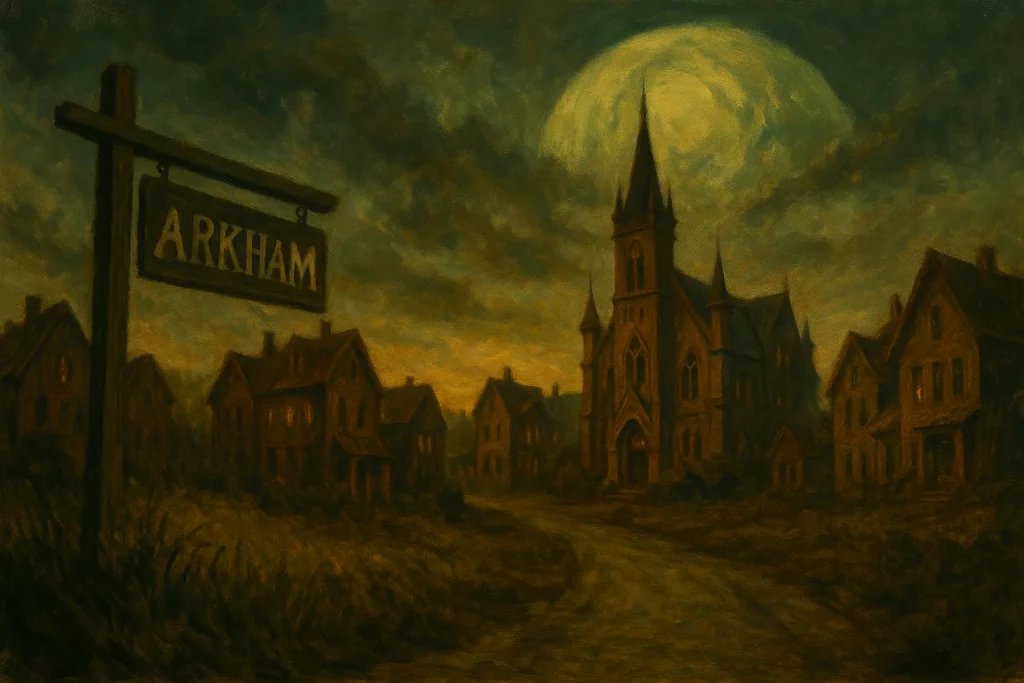 Vue d’Arkham, cité maudite de Lovecraft, avec église gothique et enseigne en bois sous une lune menaçante