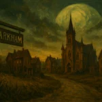 Vue d’Arkham, cité maudite de Lovecraft, avec église gothique et enseigne en bois sous une lune menaçante