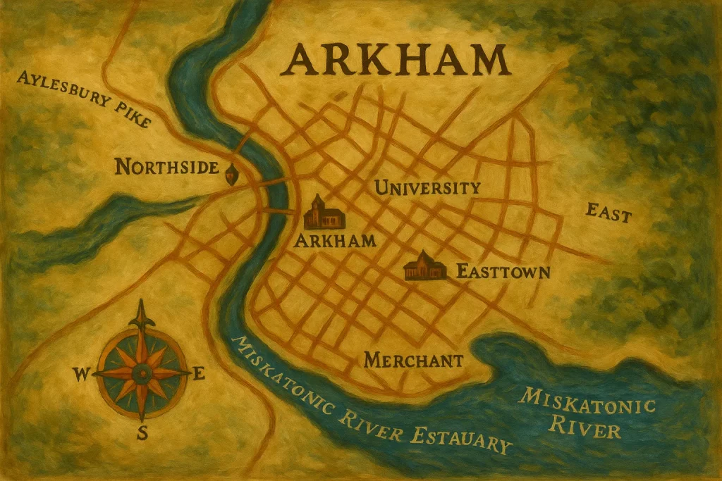 Carte stylisée d’Arkham montrant les quartiers Northside, University, Easttown, Merchant et l’estuaire de la rivière Miskatonic