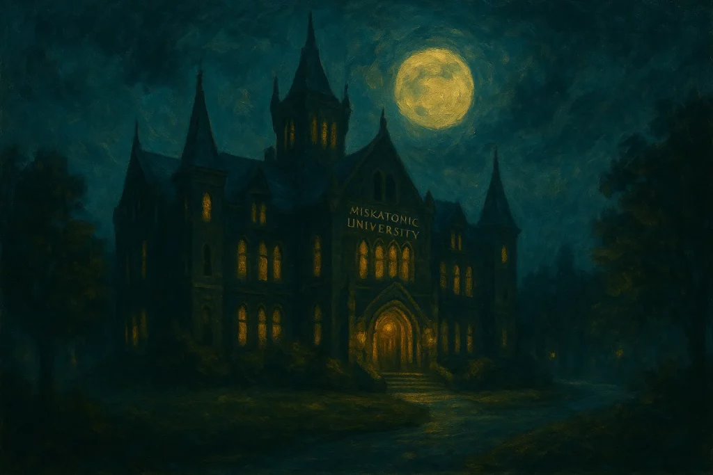 Façade gothique de la Miskatonic University à Arkham sous la pleine lune