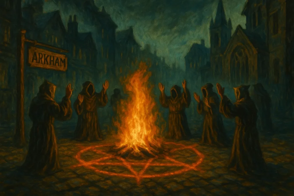 Cercle occulte enflammé et adeptes encapuchonnés pratiquant un rituel dans les rues obscures d’Arkham