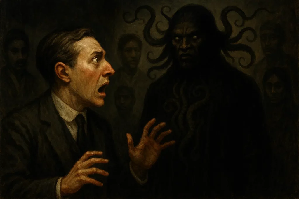Un homme victorien horrifié face à une créature tentaculaire aux traits humains ethniquement divers
