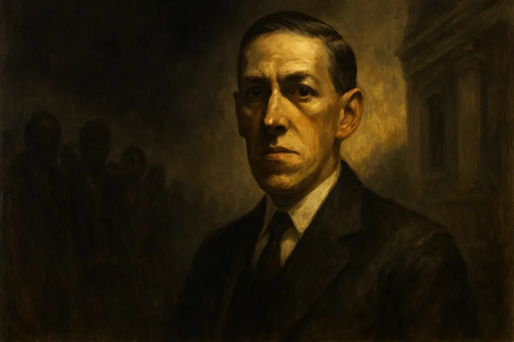 Portrait sombre de H.P. Lovecraft avec des silhouettes menaçantes en arrière-plan