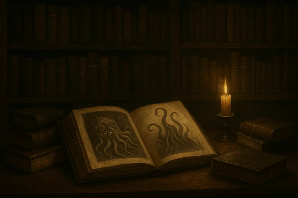 Bibliothèque ancienne avec un livre ouvert sur des illustrations de tentacules, éclairée par une bougie