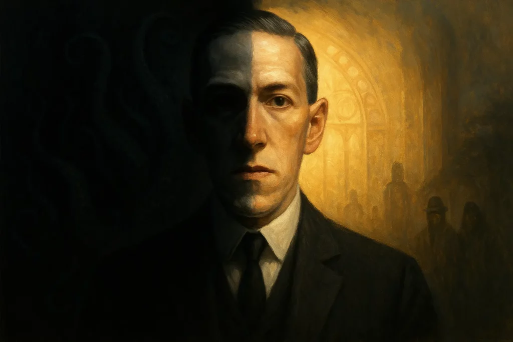 Portrait de Lovecraft partagé entre lumière dorée et obscurité tentaculaire, symbolisant la dualité de son héritage