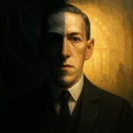 Portrait de Lovecraft partagé entre lumière dorée et obscurité tentaculaire, symbolisant la dualité de son héritage