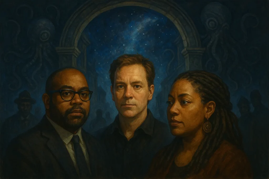 Illustration stylisée de Victor LaValle, Matt Ruff et N.K. Jemisin face à un portail ouvrant sur le cosmos, symbolisant la renaissance critique et inclusive du mythe lovecraftien.