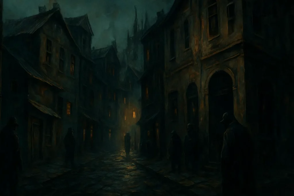 Rue sombre et déformée dans un quartier urbain oppressant, peuplée de silhouettes inquiétantes