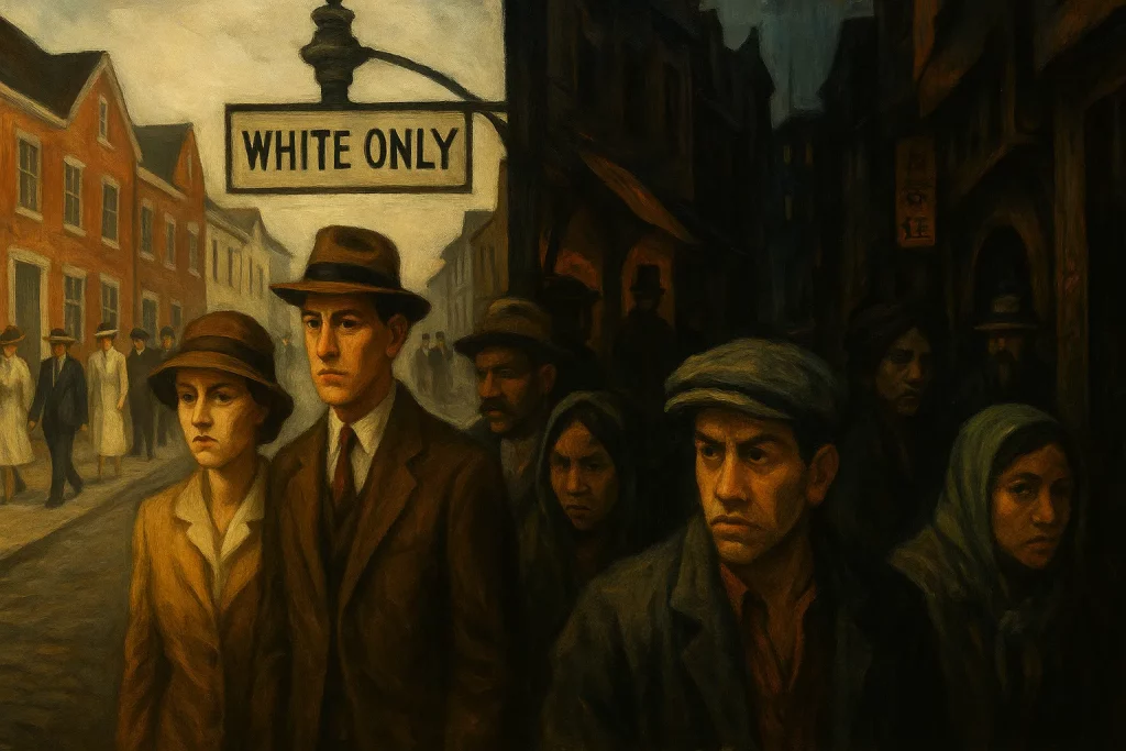 Scène de rue à New York dans les années 1920, avec un panneau “White Only” et des passants aux visages tendus