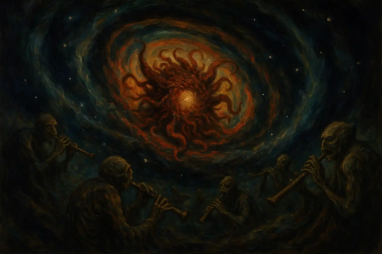 Azathoth, dieu ancien du mythe de Lovecraft, entouré de créatures flûtistes dans le vide cosmique.