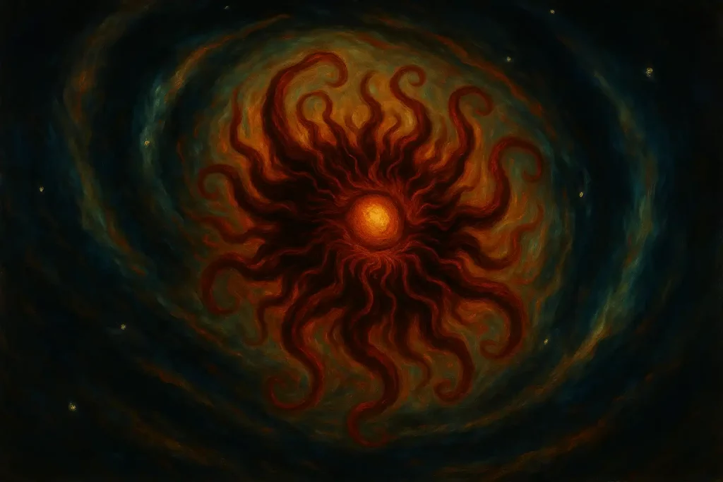 Illustration sombre et spectaculaire d’Azathoth, le dieu du chaos cosmique dans l’univers de Lovecraft.