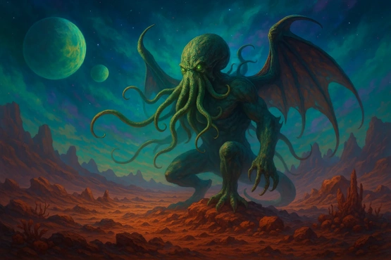 Représentation cauchemardesque de Cthulhu sur une planète extraterrestre, avec ailes déployées et tentacules menaçants sous un ciel surnaturel.