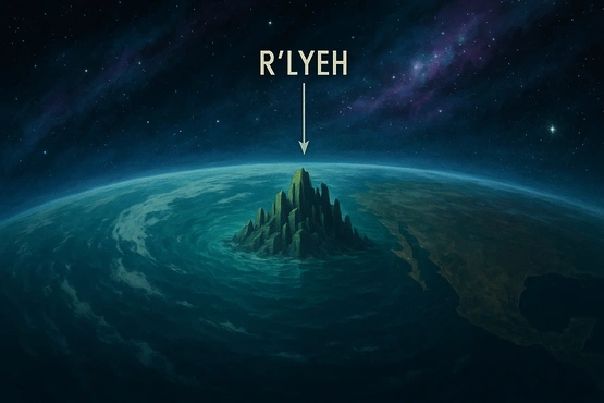 Vue spatiale de l’océan révélant R’lyeh, la cité submergée mythique de Cthulhu