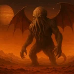 Illustration de Cthulhu debout sur une planète rouge avec deux lunes en arrière-plan