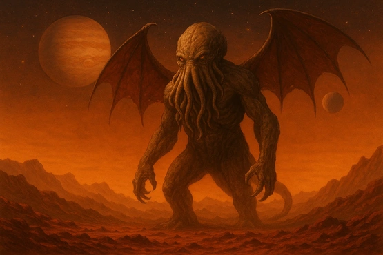 Illustration de Cthulhu debout sur une planète rouge avec deux lunes en arrière-plan
