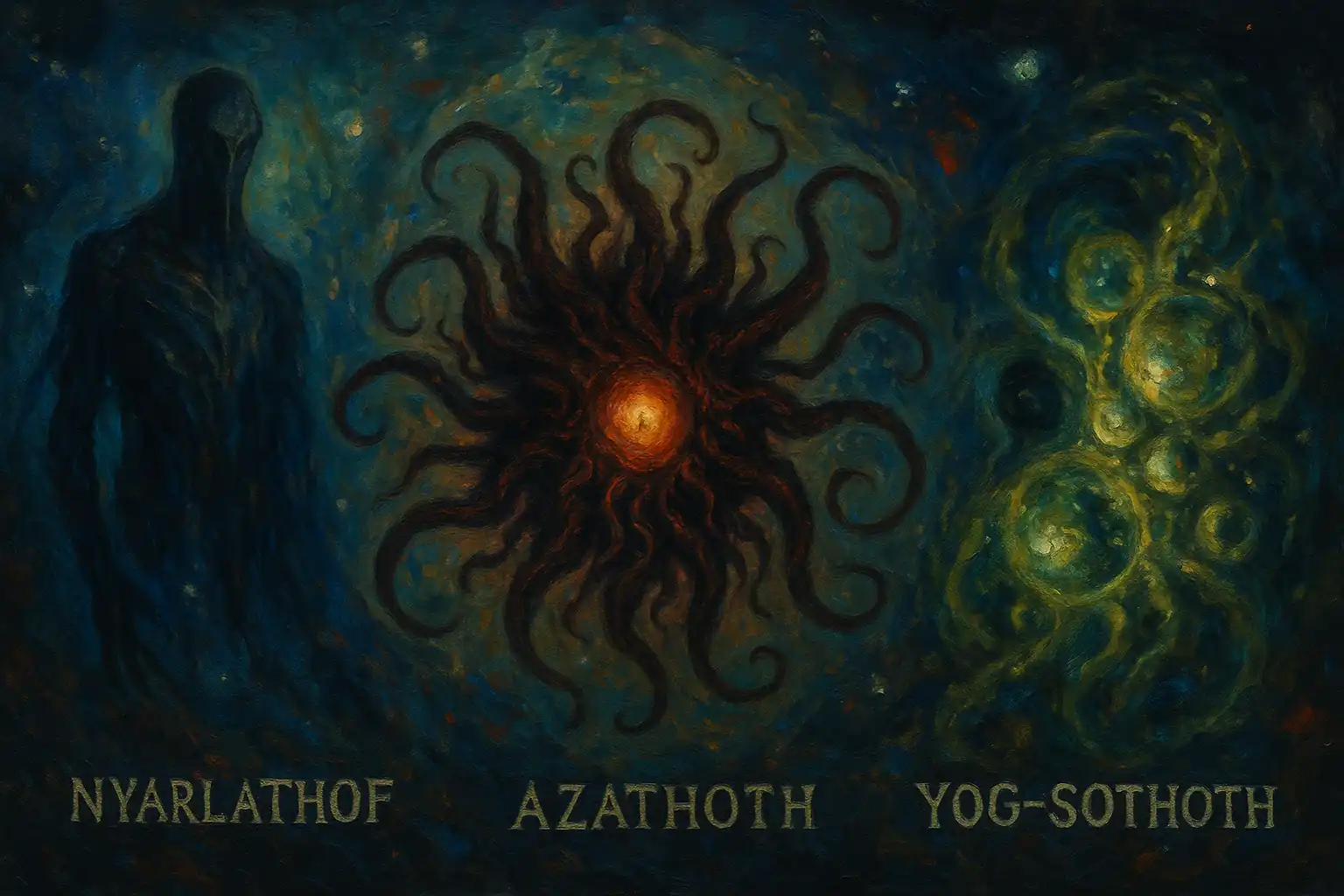 Représentation des trois entités cosmiques du mythe de Lovecraft : Nyarlathotep, Azathoth et Yog-Sothoth.