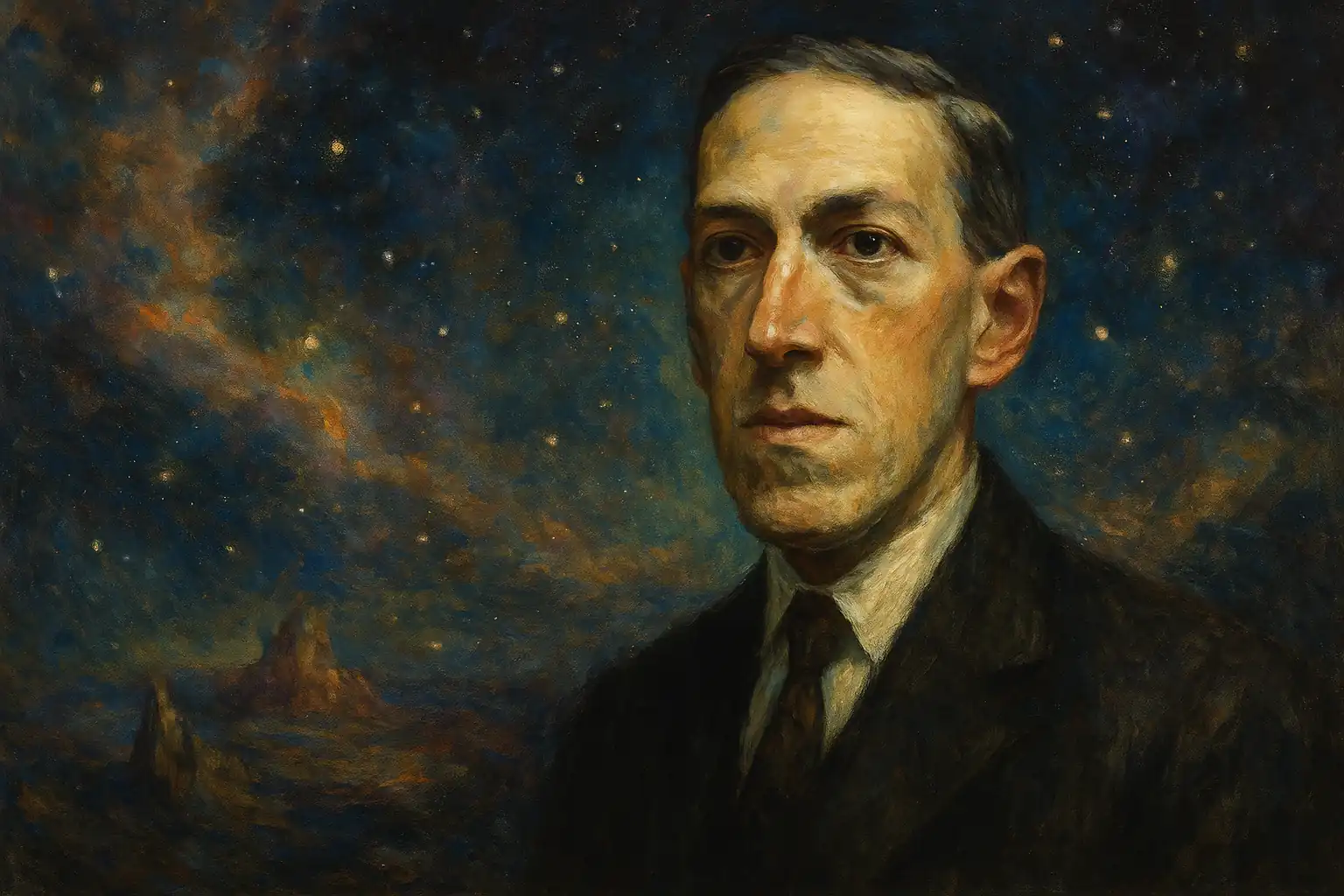 Portrait de H. P. Lovecraft devant un fond étoilé représentant le cosmos, en référence à l’univers cosmique de ses récits.